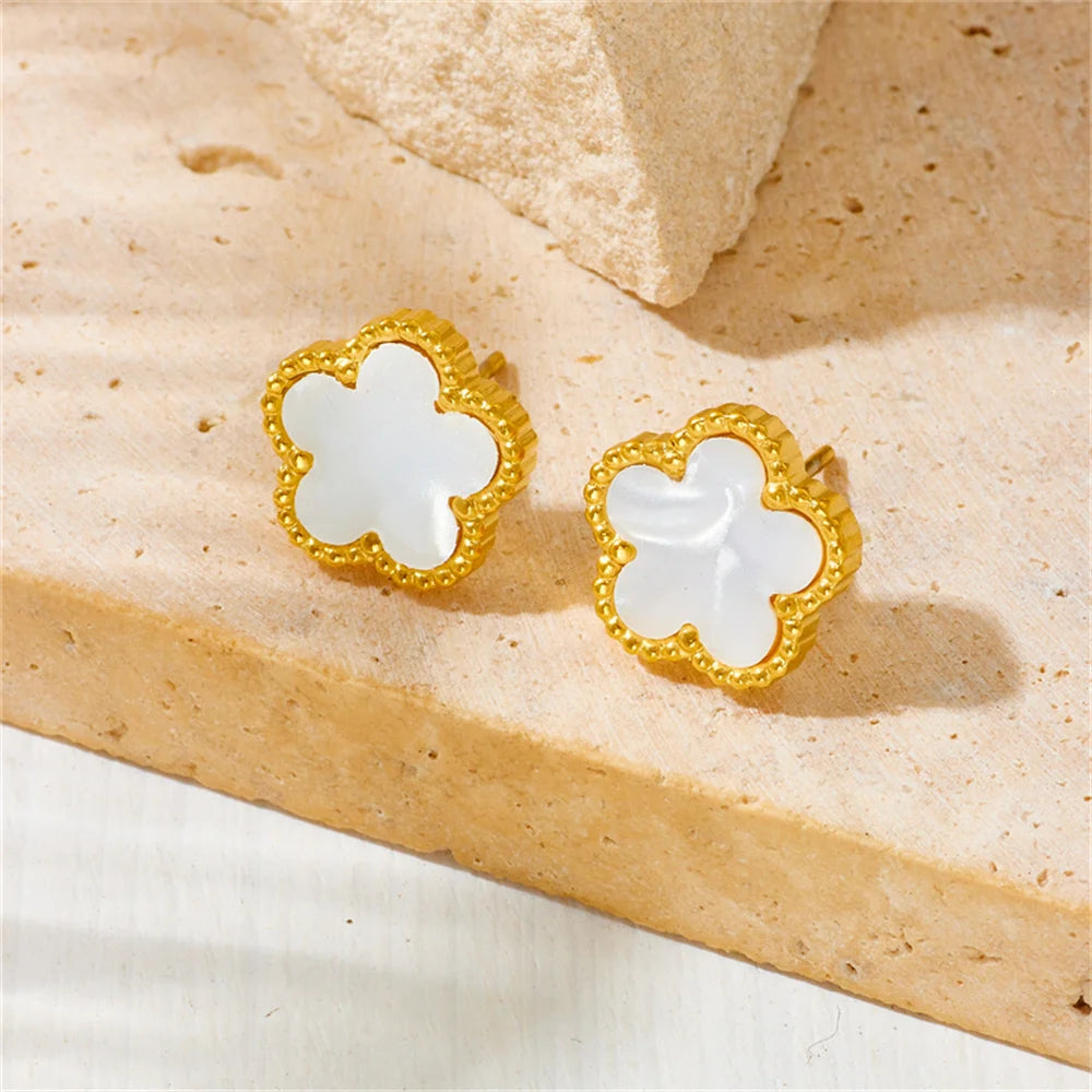Women’s Trendy 18K Gold Plated Jewelry Set – Five Leaf Clover Necklace, Bracelet & Earrings, Stainless Steel Jewelry Para Mujer.