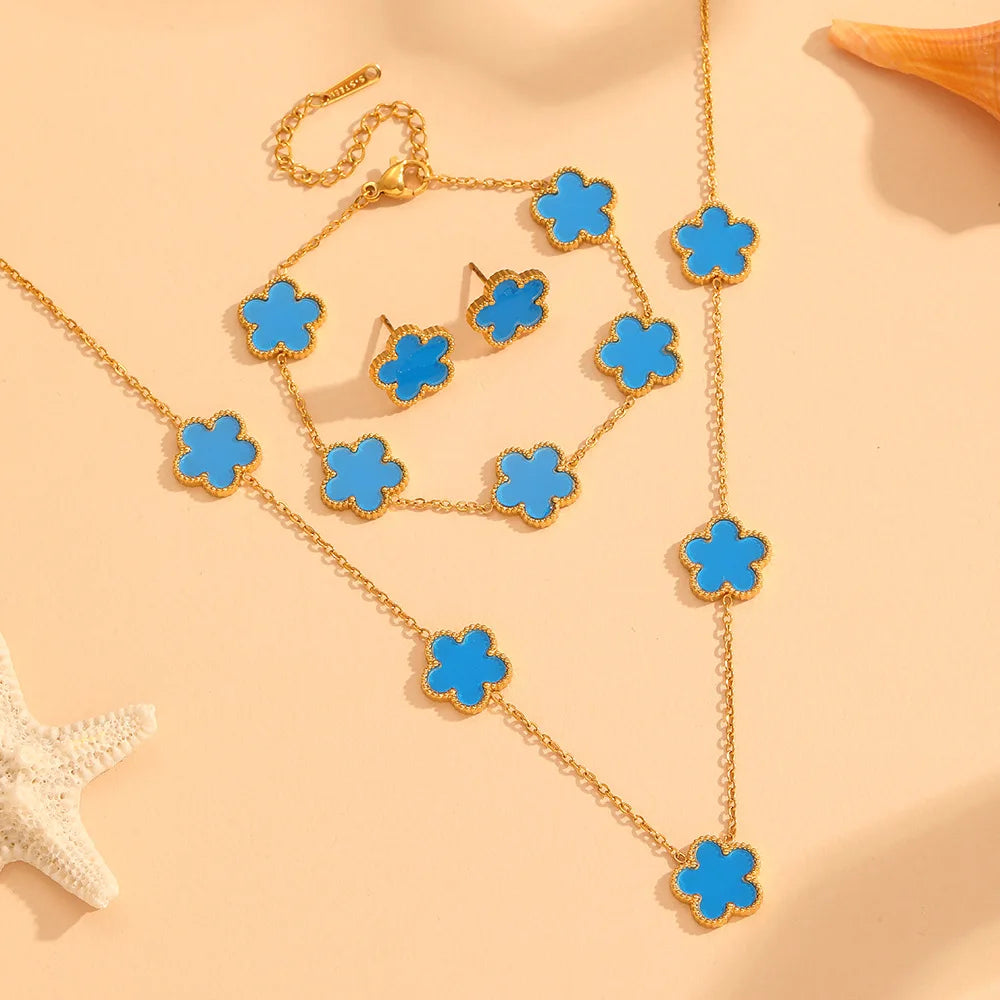 Women’s Trendy 18K Gold Plated Jewelry Set – Five Leaf Clover Necklace, Bracelet & Earrings, Stainless Steel Jewelry Para Mujer.