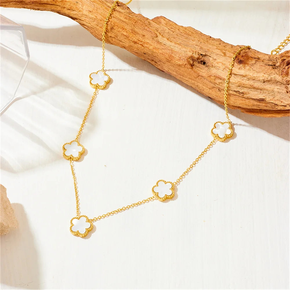 Women’s Trendy 18K Gold Plated Jewelry Set – Five Leaf Clover Necklace, Bracelet & Earrings, Stainless Steel Jewelry Para Mujer.