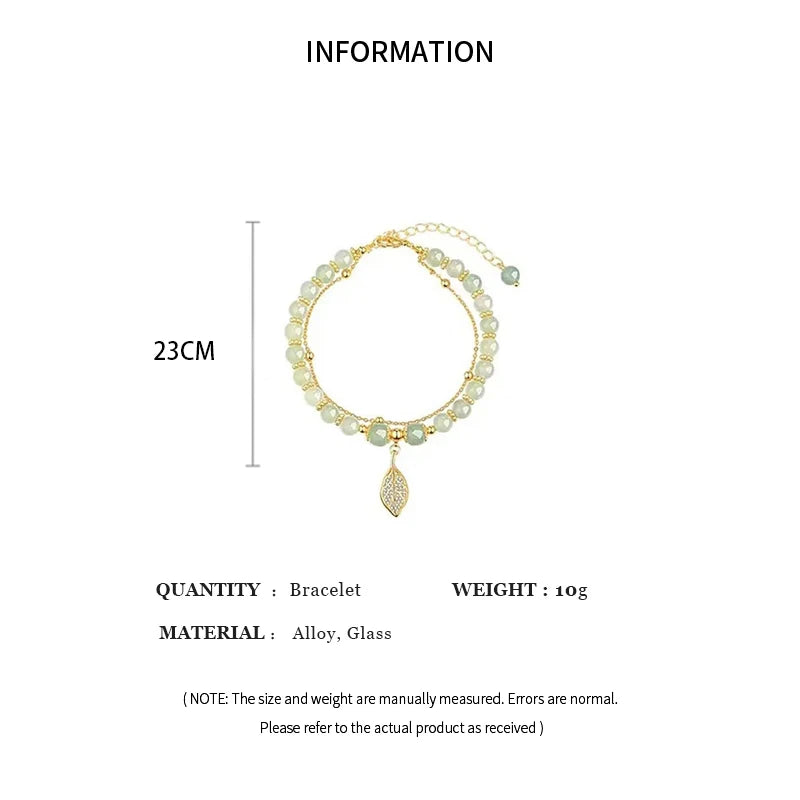 Women’s Green Jade Bracelet – Gold Leaf Double Chain Bangle, Elegant Gift
