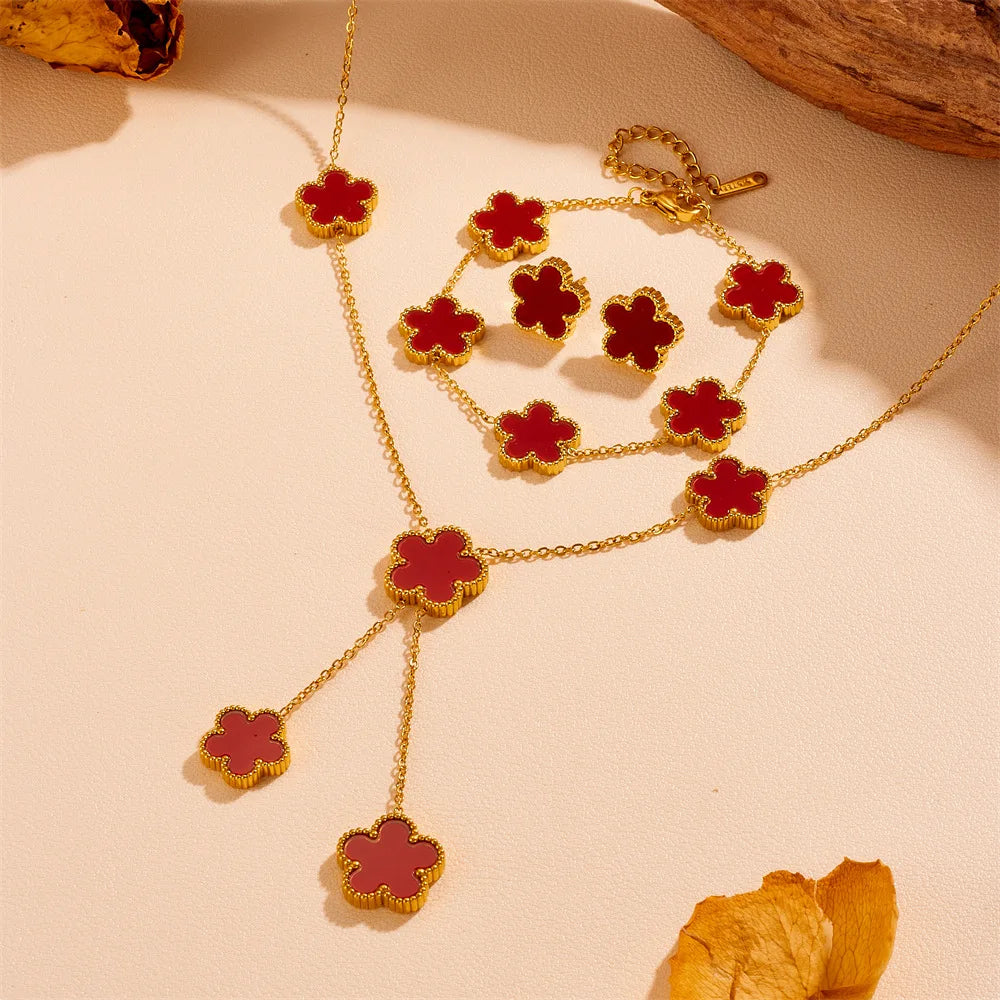 Women’s Trendy 18K Gold Plated Jewelry Set – Five Leaf Clover Necklace, Bracelet & Earrings, Stainless Steel Jewelry Para Mujer.