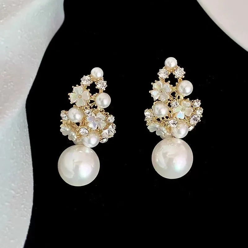 Vintage Pearl & Diamond Flower Earrings – Elegant Jewelry Gift for Girls