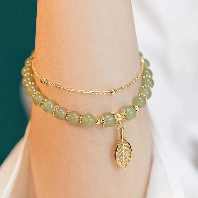 Women’s Green Jade Bracelet – Gold Leaf Double Chain Bangle, Elegant Gift