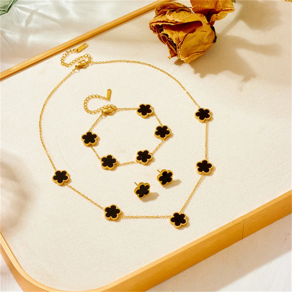 Women’s Trendy 18K Gold Plated Jewelry Set – Five Leaf Clover Necklace, Bracelet & Earrings, Stainless Steel Jewelry Para Mujer.