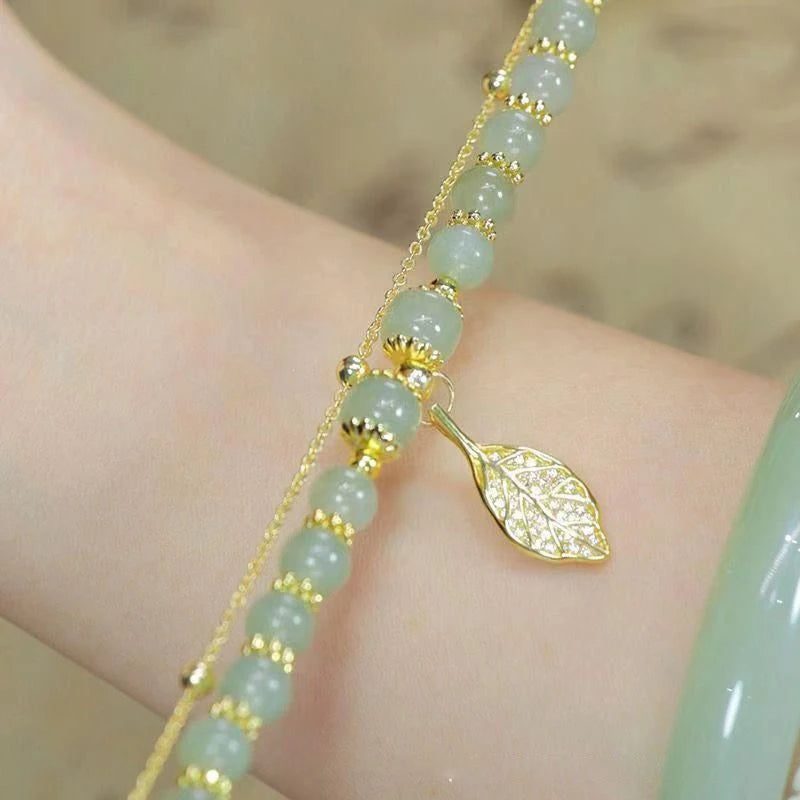 Women’s Green Jade Bracelet – Gold Leaf Double Chain Bangle, Elegant Gift
