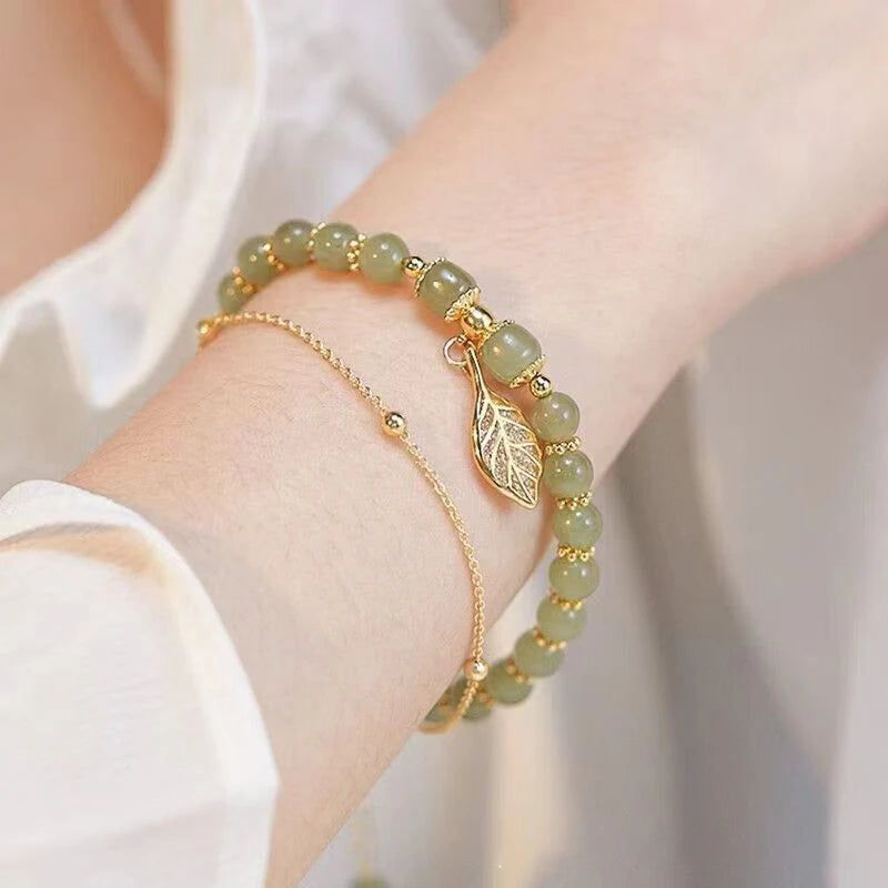 Women’s Green Jade Bracelet – Gold Leaf Double Chain Bangle, Elegant Gift
