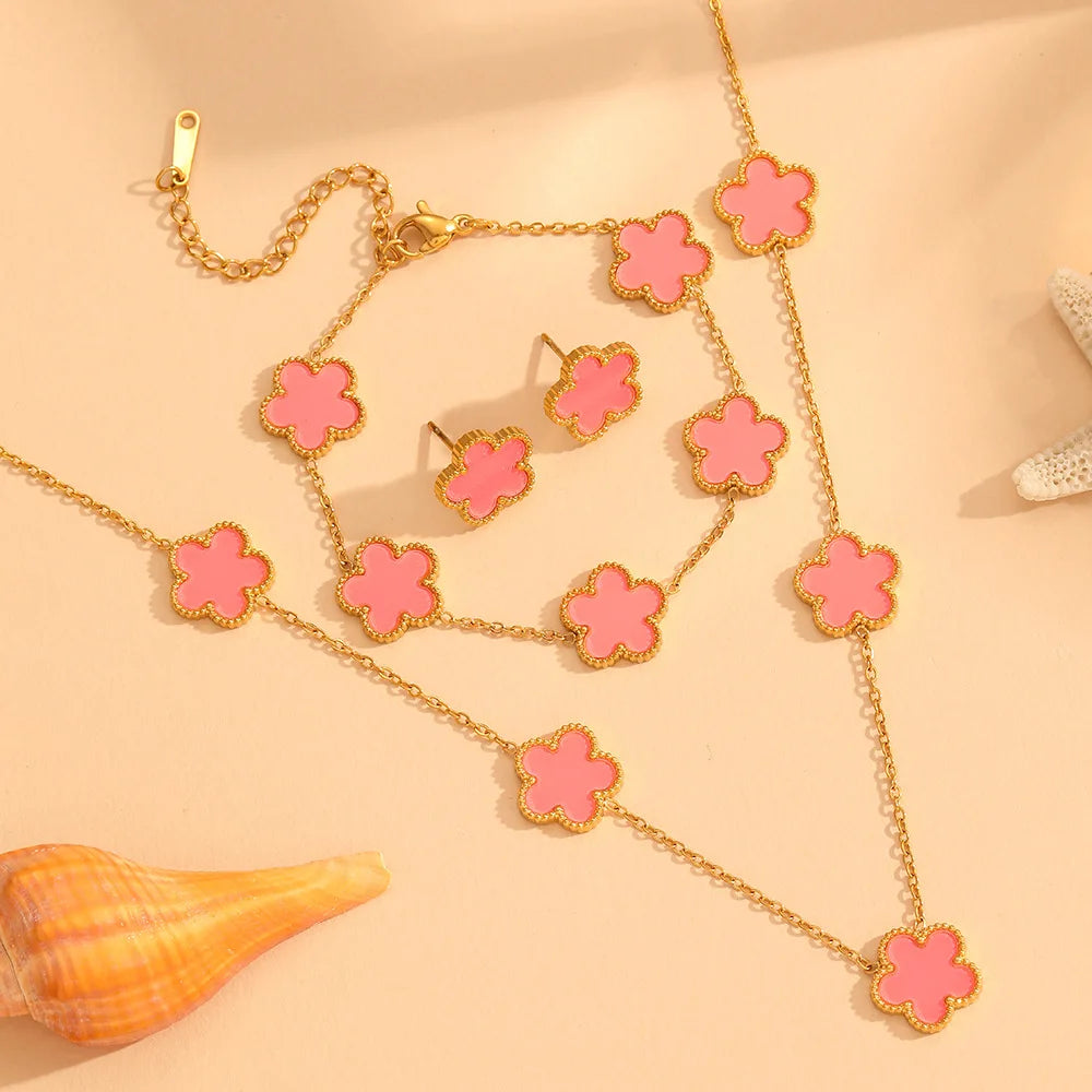 Women’s Trendy 18K Gold Plated Jewelry Set – Five Leaf Clover Necklace, Bracelet & Earrings, Stainless Steel Jewelry Para Mujer.