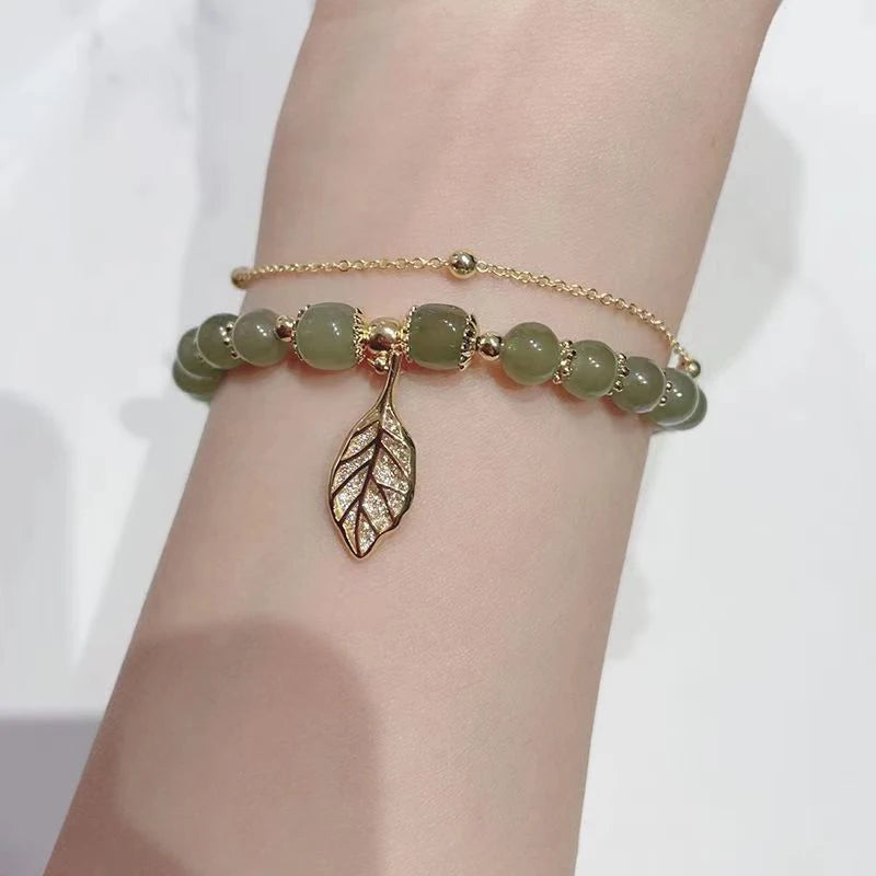 Women’s Green Jade Bracelet – Gold Leaf Double Chain Bangle, Elegant Gift