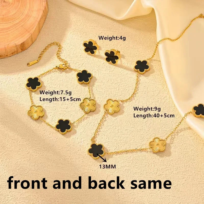 Women’s Trendy 18K Gold Plated Jewelry Set – Five Leaf Clover Necklace, Bracelet & Earrings, Stainless Steel Jewelry Para Mujer.