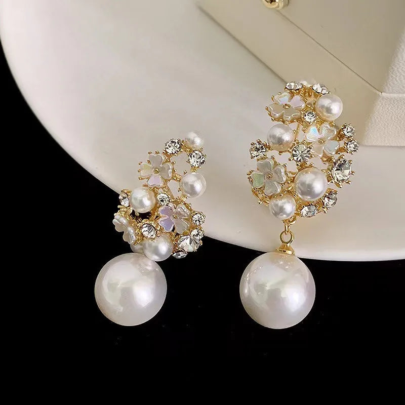 Vintage Pearl & Diamond Flower Earrings – Elegant Jewelry Gift for Girls