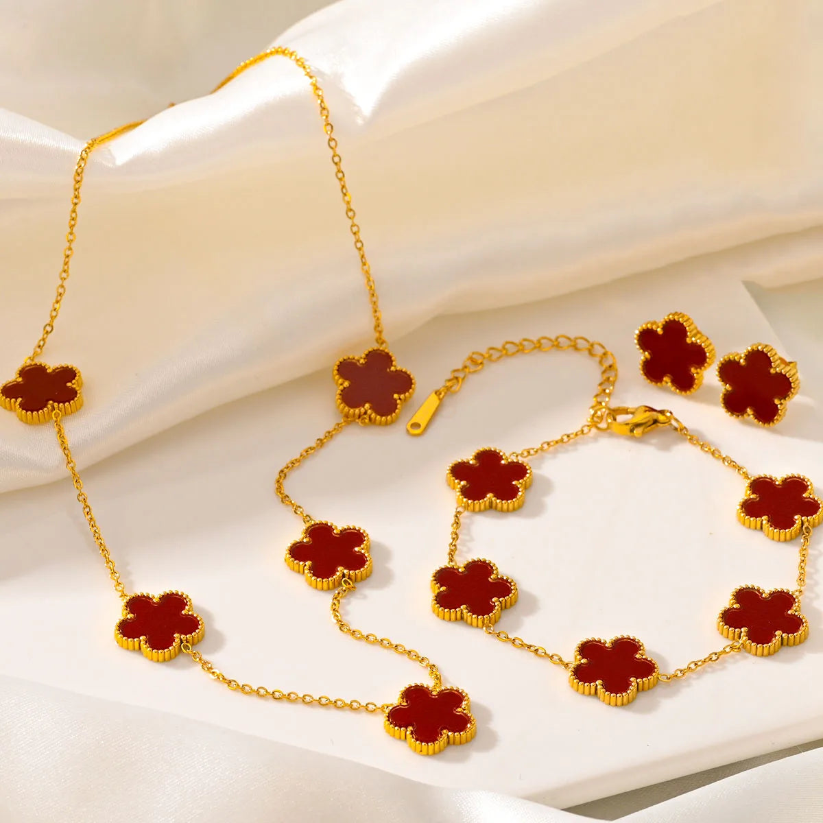 Women’s Trendy 18K Gold Plated Jewelry Set – Five Leaf Clover Necklace, Bracelet & Earrings, Stainless Steel Jewelry Para Mujer.