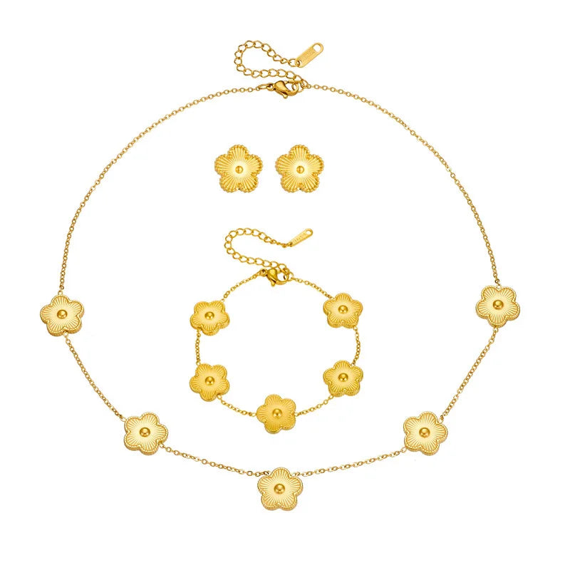 Women’s Trendy 18K Gold Plated Jewelry Set – Five Leaf Clover Necklace, Bracelet & Earrings, Stainless Steel Jewelry Para Mujer.