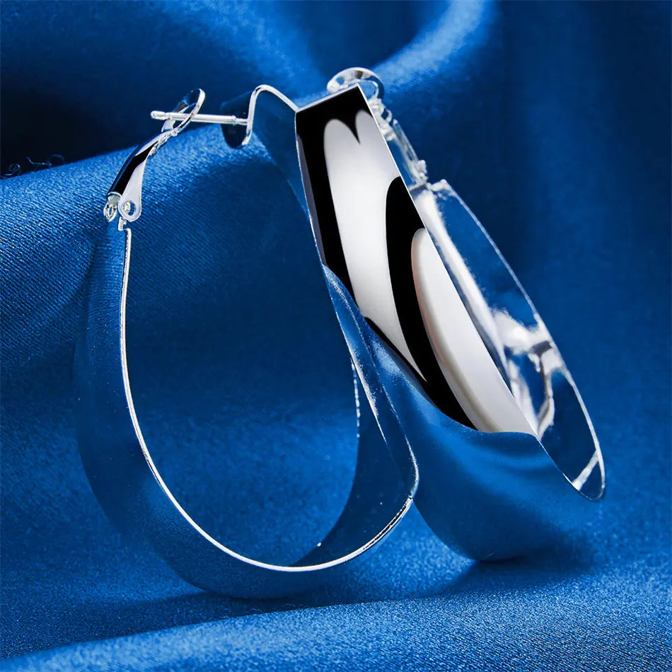 1 Pair 925 Sterling Silver 35mm Luxury Smooth U-Shaped Hoop Earrings – Fashion Women’s Party Jewelry & Gift