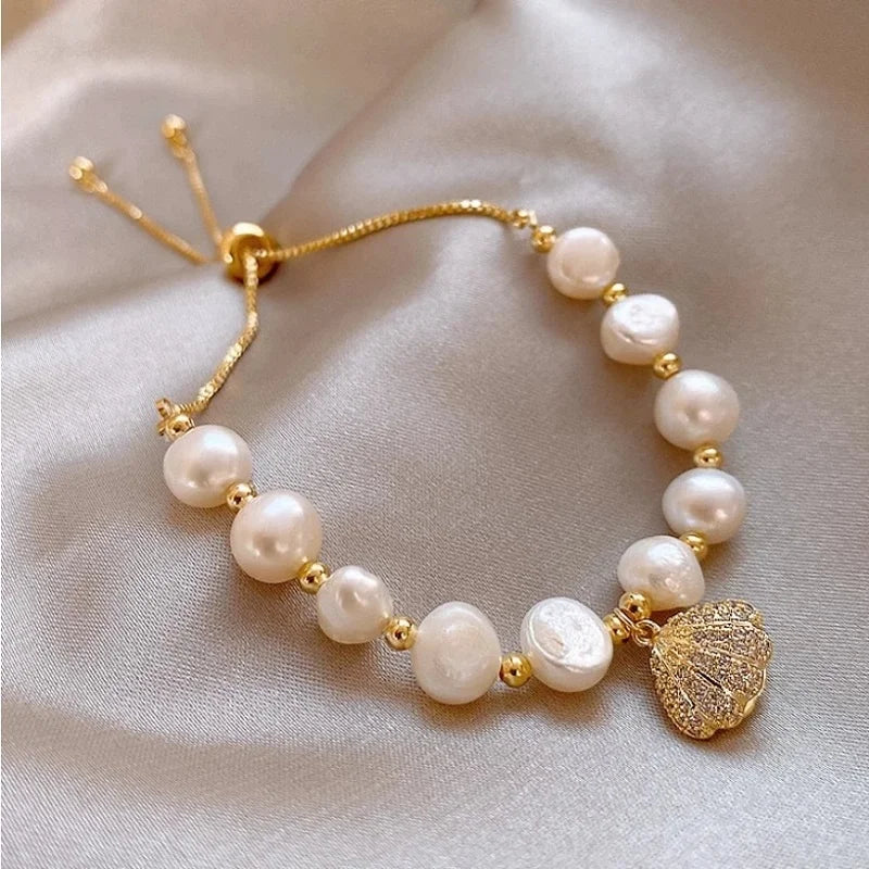 Korean Fashion Women’s Bracelet – High-End Natural Opal Beads with Inlaid Zircon & Shell Pearl Jewelry