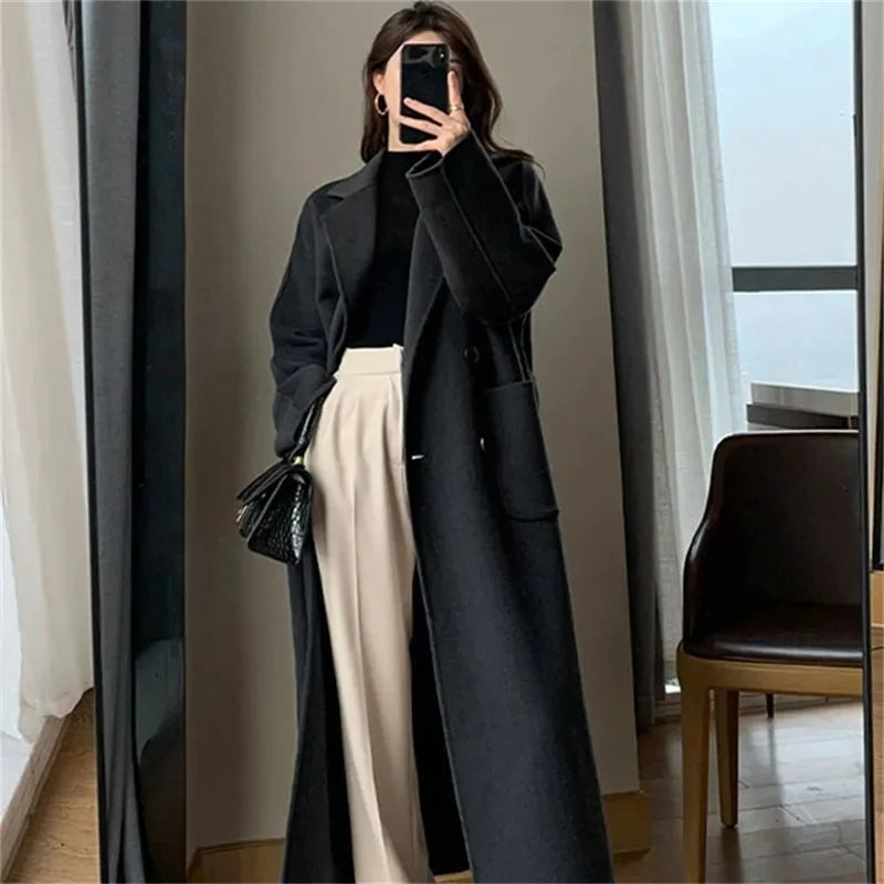 Women’s Winter Wool Coat – Korean Fashion Long Thick Black Harajuku Style