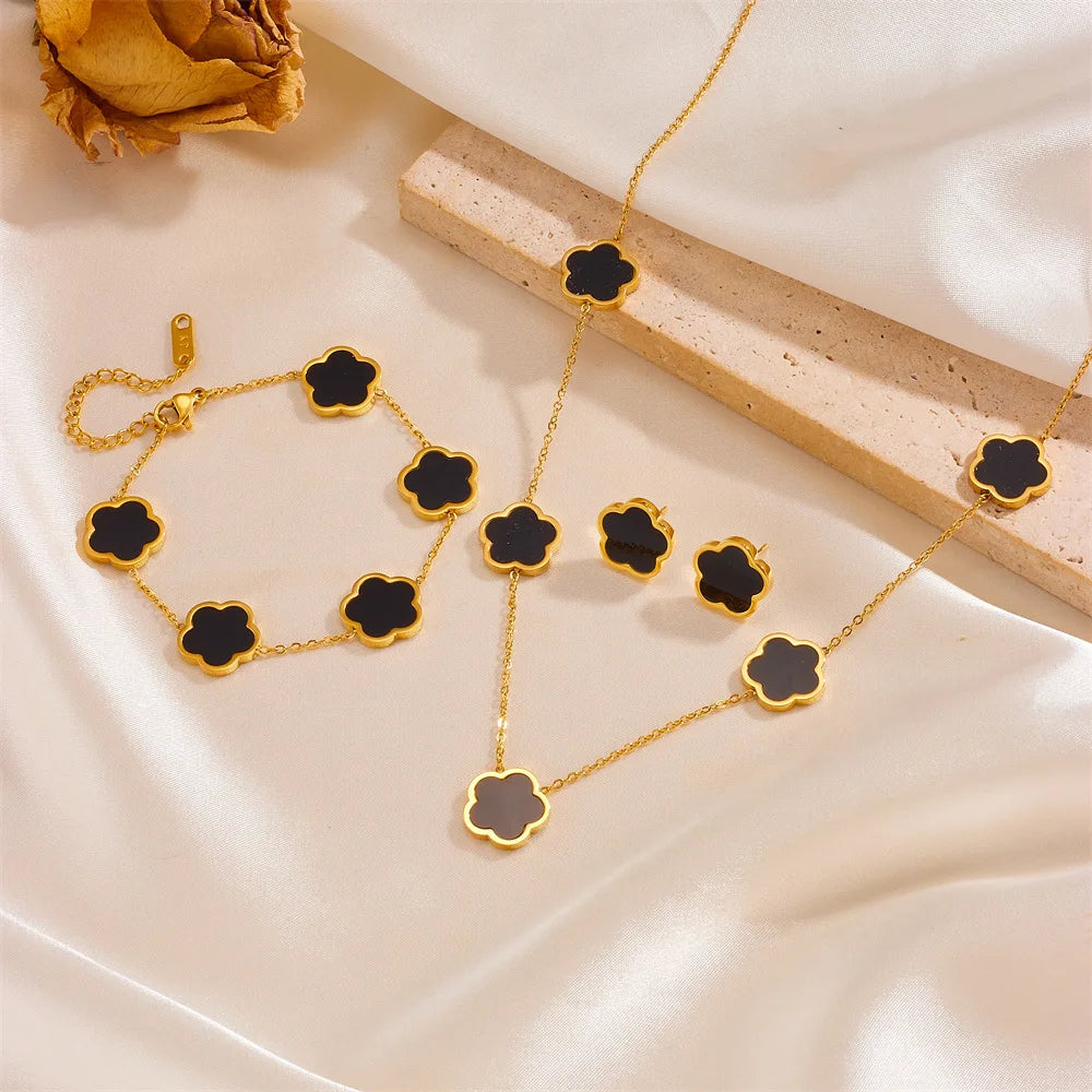 Women’s Trendy 18K Gold Plated Jewelry Set – Five Leaf Clover Necklace, Bracelet & Earrings, Stainless Steel Jewelry Para Mujer.