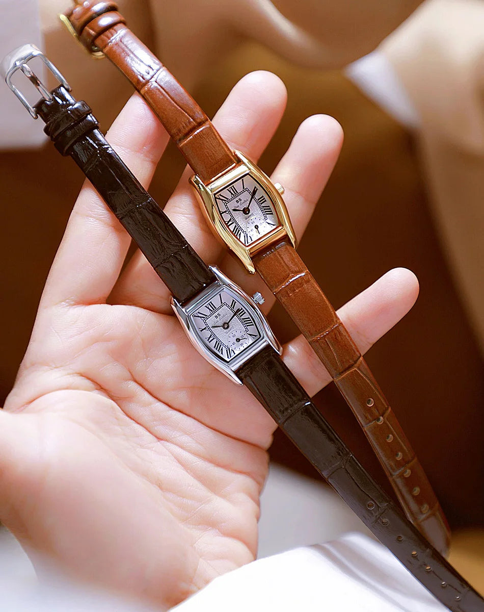 Women’s Vintage Rectangle Watch – Elegant Leather Strap, Golden Quartz 2025