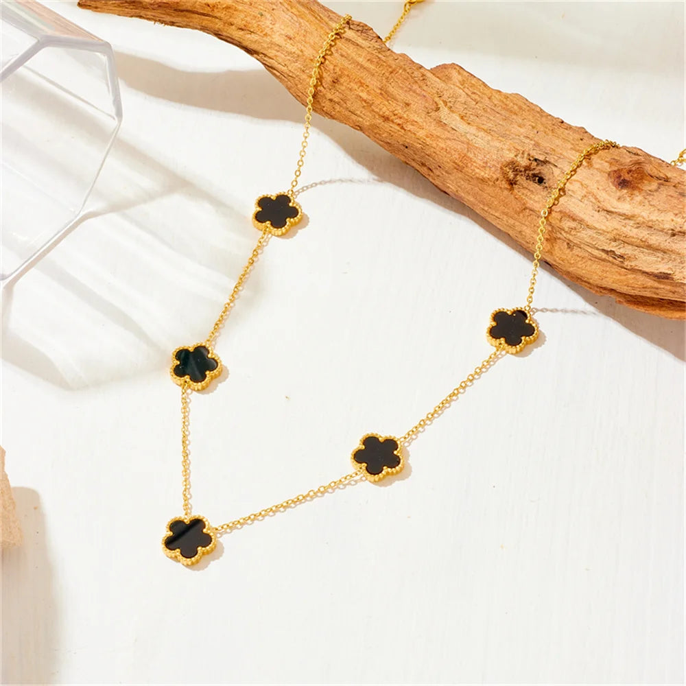 Women’s Trendy 18K Gold Plated Jewelry Set – Five Leaf Clover Necklace, Bracelet & Earrings, Stainless Steel Jewelry Para Mujer.