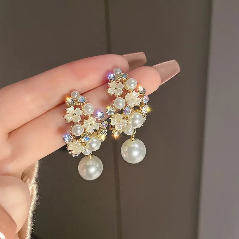 Vintage Pearl & Diamond Flower Earrings – Elegant Jewelry Gift for Girls
