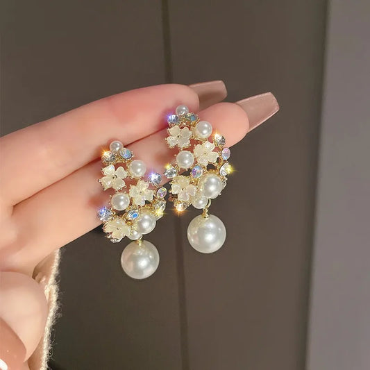 Vintage Pearl & Diamond Flower Earrings – Elegant Jewelry Gift for Girls