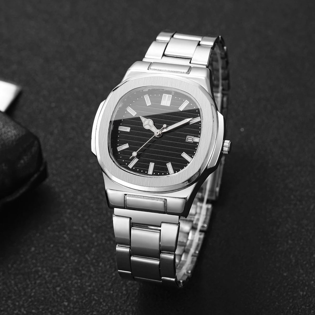 Men’s Business Square Dial Quartz Watch – Stainless Steel Strap with Calendar