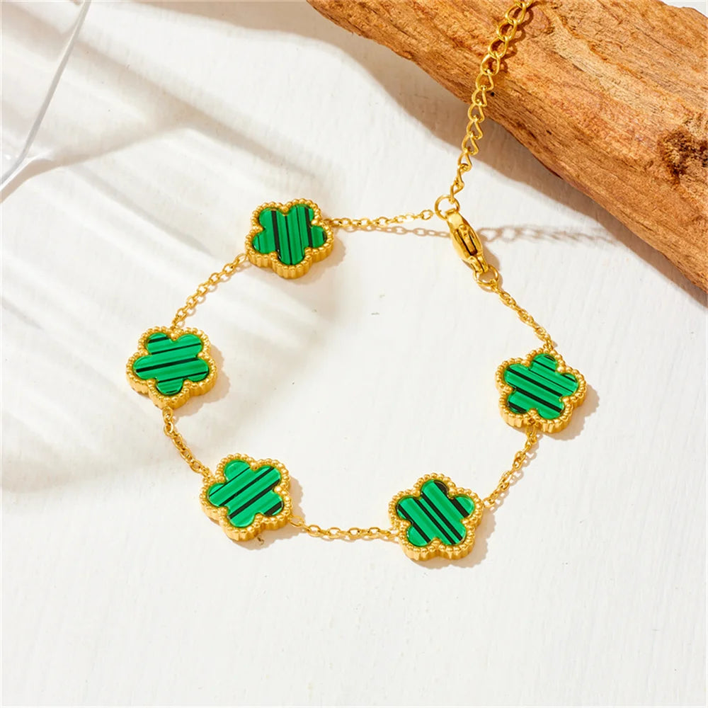 Women’s Trendy 18K Gold Plated Jewelry Set – Five Leaf Clover Necklace, Bracelet & Earrings, Stainless Steel Jewelry Para Mujer.