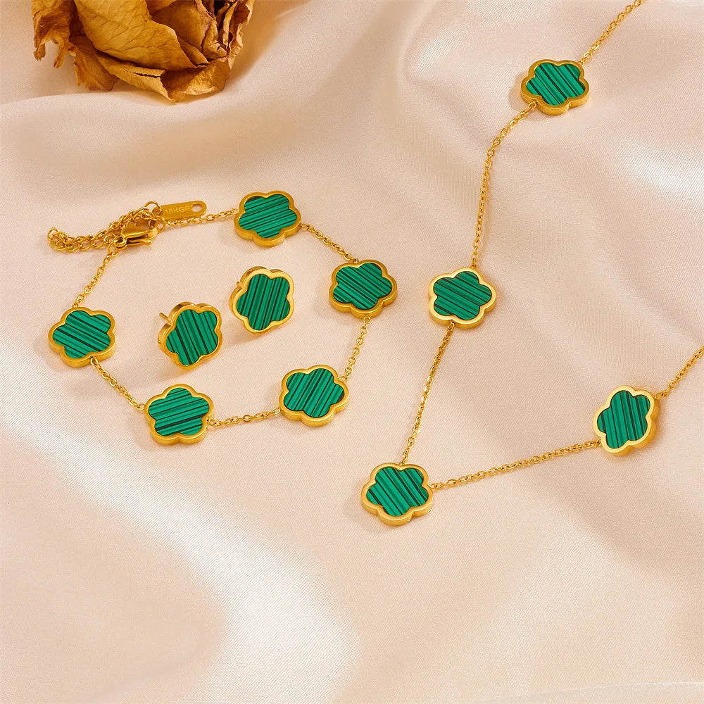 Women’s Trendy 18K Gold Plated Jewelry Set – Five Leaf Clover Necklace, Bracelet & Earrings, Stainless Steel Jewelry Para Mujer.