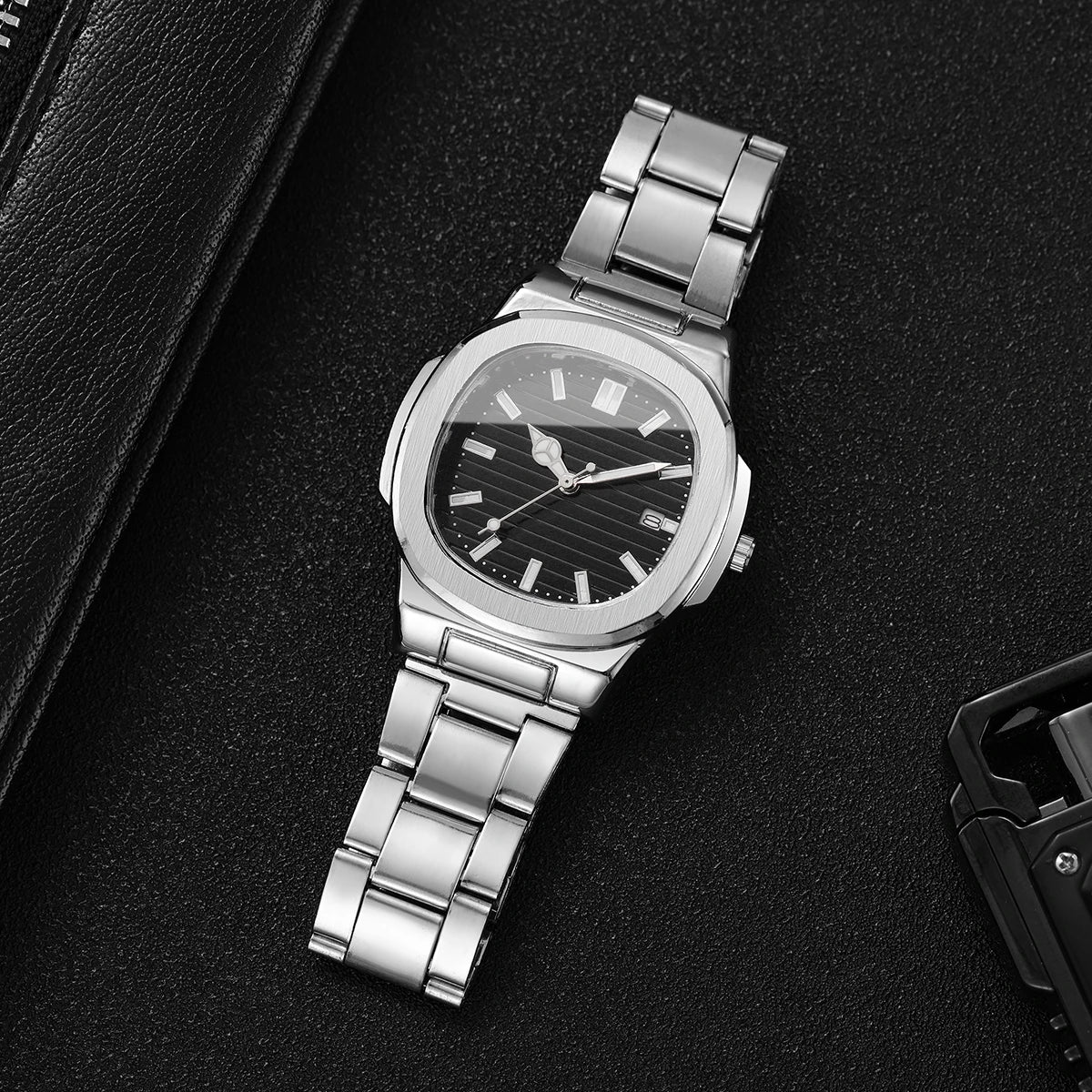 Men’s Business Square Dial Quartz Watch – Stainless Steel Strap with Calendar