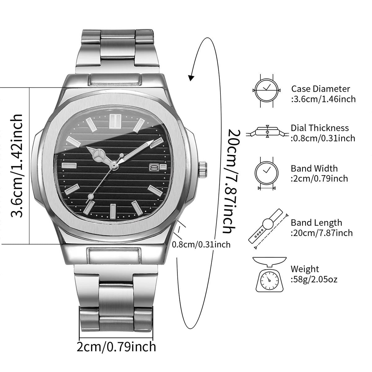 Men’s Business Square Dial Quartz Watch – Stainless Steel Strap with Calendar