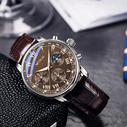 Wokai Brand Men’s Watch – Quartz Sports Casual Leather Wristwatch, Elegant Business Relogio Relojes at Affordable Price