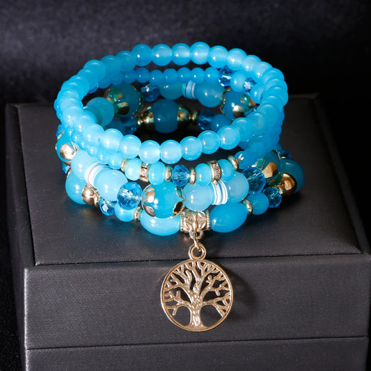 Bohemian Tree of Life Bracelet Set – Women’s Blue Stone Beaded Wrap Charm Bracelets, Ethnic Style Pulseras, Perfect Gift for Her