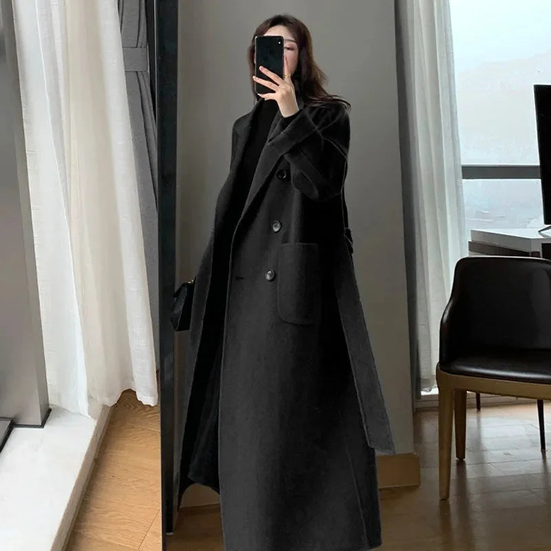 Women’s Winter Wool Coat – Korean Fashion Long Thick Black Harajuku Style