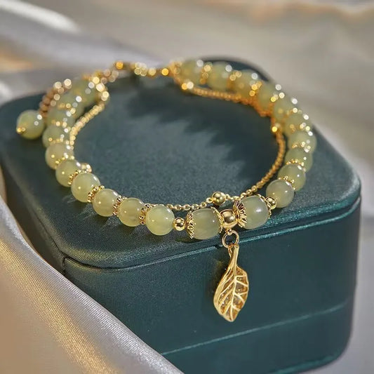 Women’s Green Jade Bracelet – Gold Leaf Double Chain Bangle, Elegant Gift