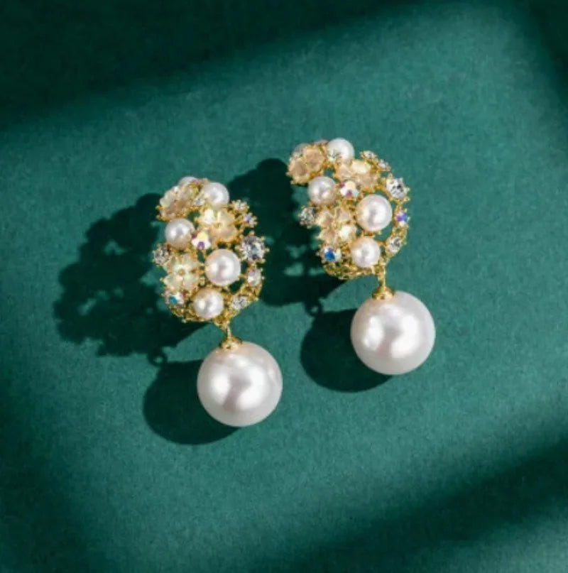 Vintage Pearl & Diamond Flower Earrings – Elegant Jewelry Gift for Girls