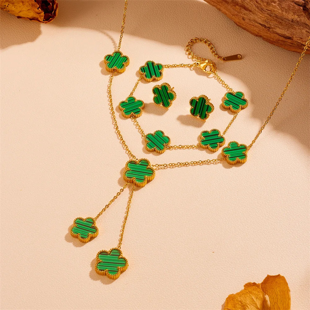 Women’s Trendy 18K Gold Plated Jewelry Set – Five Leaf Clover Necklace, Bracelet & Earrings, Stainless Steel Jewelry Para Mujer.