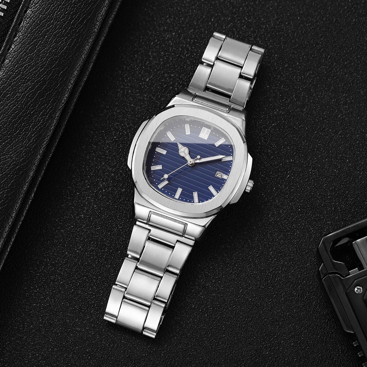 Men’s Business Square Dial Quartz Watch – Stainless Steel Strap with Calendar