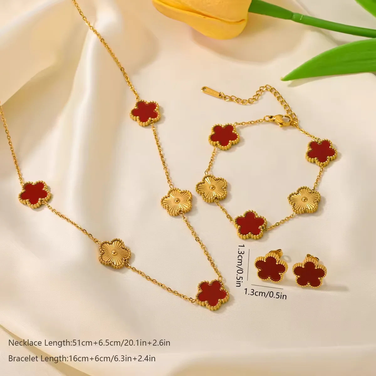 Women’s Trendy 18K Gold Plated Jewelry Set – Five Leaf Clover Necklace, Bracelet & Earrings, Stainless Steel Jewelry Para Mujer.