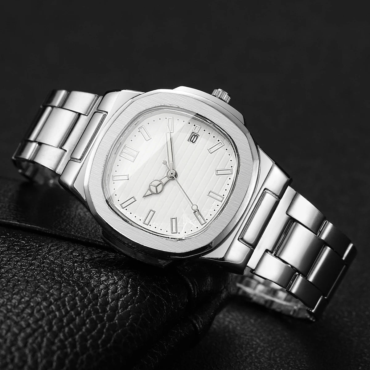 Men’s Business Square Dial Quartz Watch – Stainless Steel Strap with Calendar