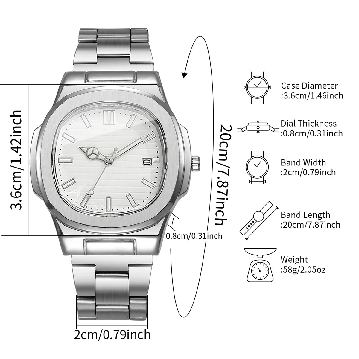 Men’s Business Square Dial Quartz Watch – Stainless Steel Strap with Calendar