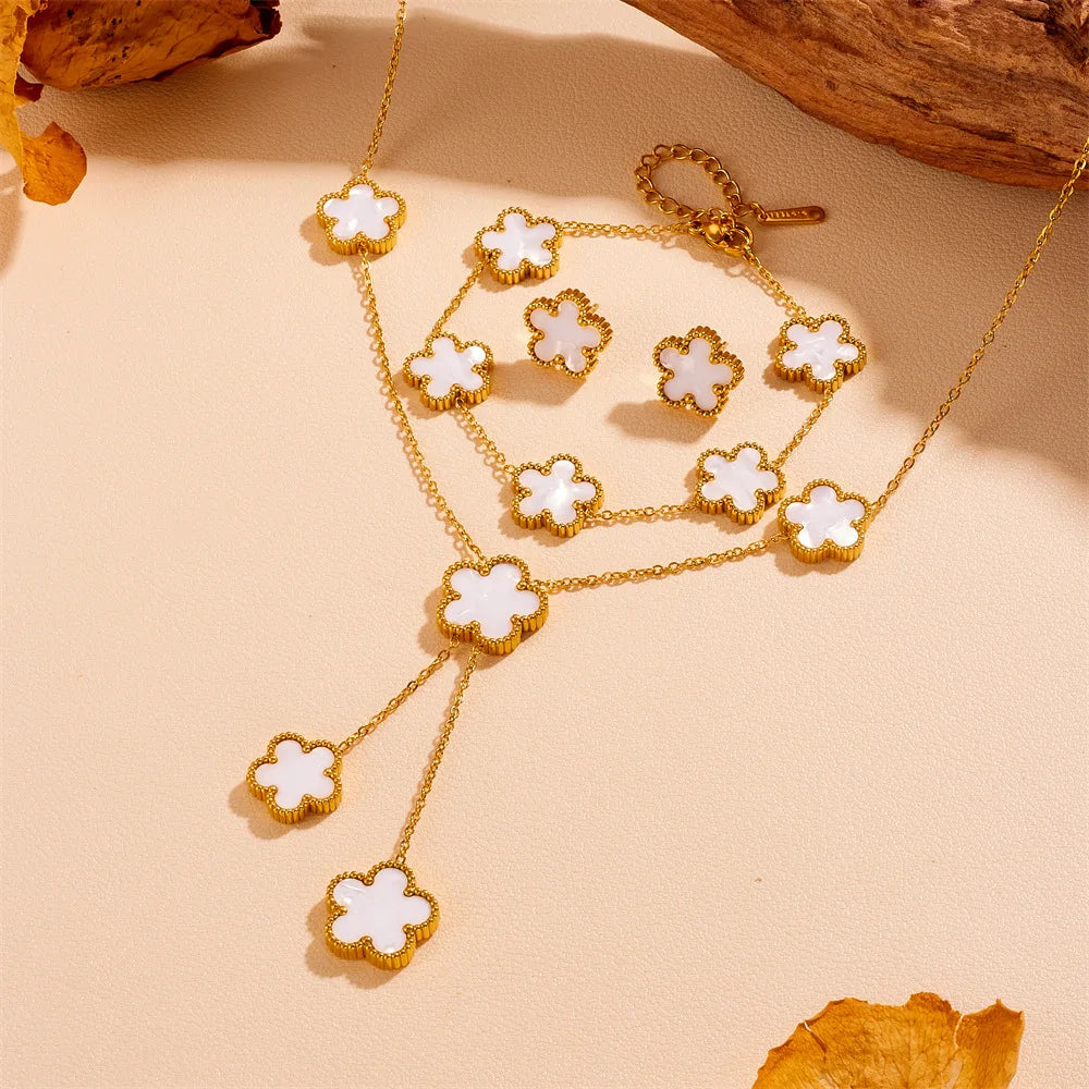 Women’s Trendy 18K Gold Plated Jewelry Set – Five Leaf Clover Necklace, Bracelet & Earrings, Stainless Steel Jewelry Para Mujer.