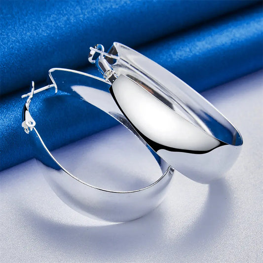 1 Pair 925 Sterling Silver 35mm Luxury Smooth U-Shaped Hoop Earrings – Fashion Women’s Party Jewelry & Gift