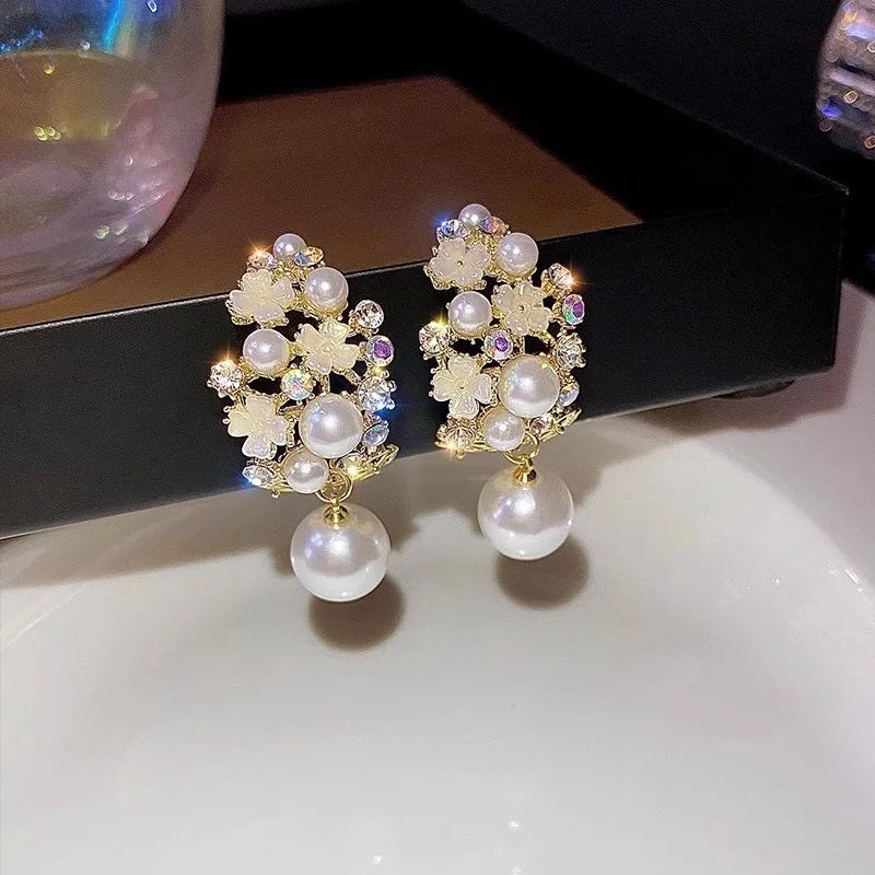 Vintage Pearl & Diamond Flower Earrings – Elegant Jewelry Gift for Girls