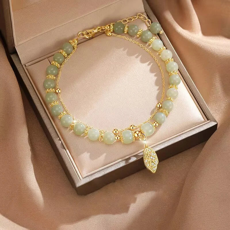 Women’s Green Jade Bracelet – Gold Leaf Double Chain Bangle, Elegant Gift