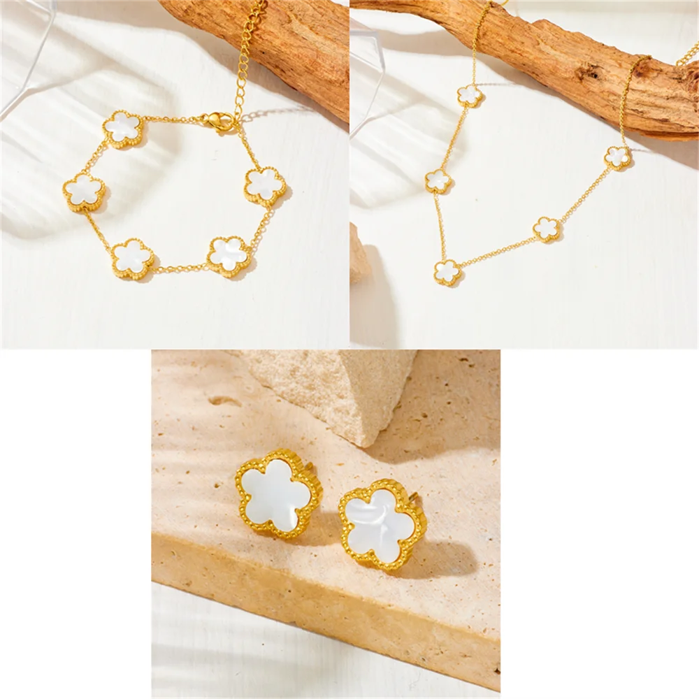 Women’s Trendy 18K Gold Plated Jewelry Set – Five Leaf Clover Necklace, Bracelet & Earrings, Stainless Steel Jewelry Para Mujer.