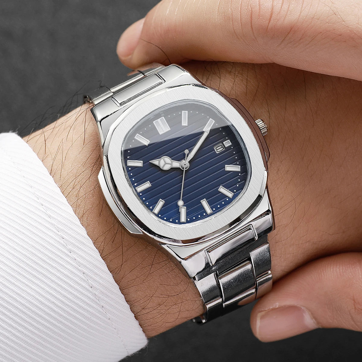 Men’s Business Square Dial Quartz Watch – Stainless Steel Strap with Calendar