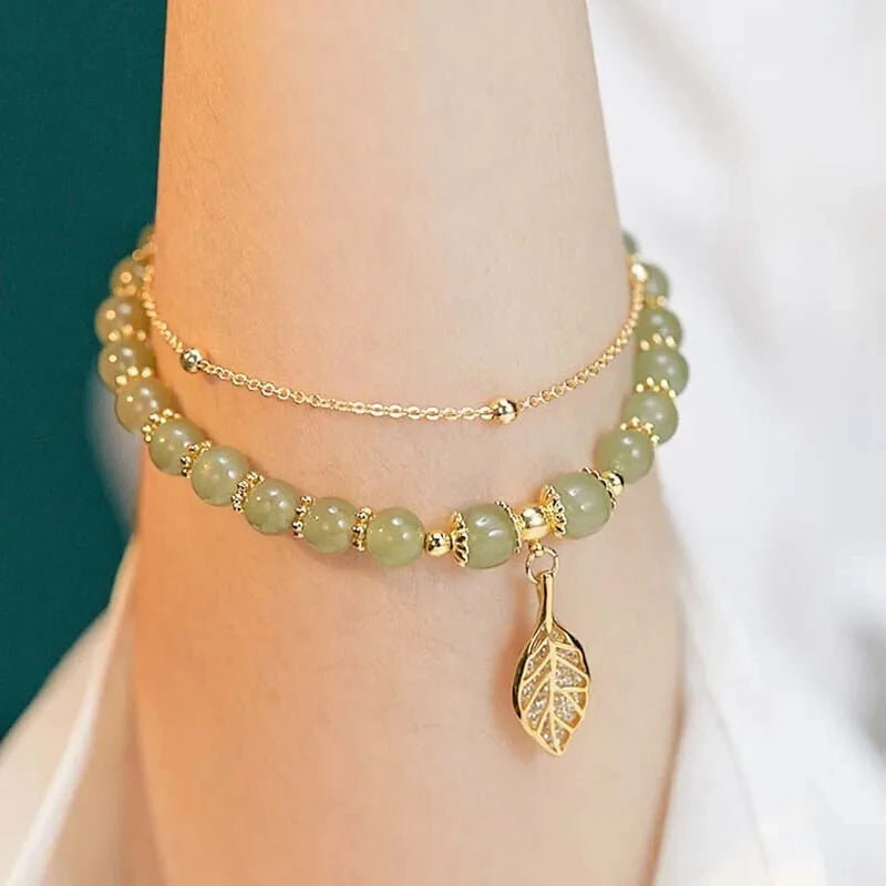 Women’s Green Jade Bracelet – Gold Leaf Double Chain Bangle, Elegant Gift