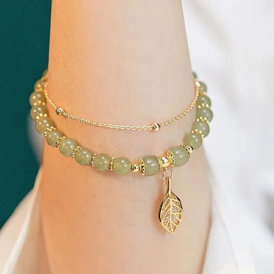 Women’s Green Jade Bracelet – Gold Leaf Double Chain Bangle, Elegant Gift