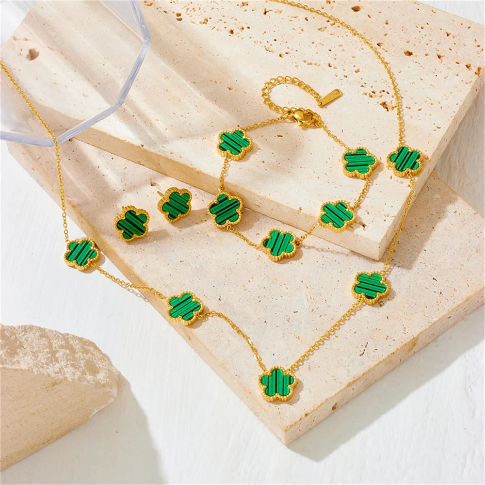 Women’s Trendy 18K Gold Plated Jewelry Set – Five Leaf Clover Necklace, Bracelet & Earrings, Stainless Steel Jewelry Para Mujer.