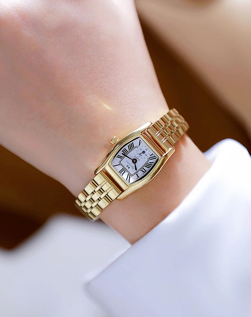 Women’s Vintage Rectangle Watch – Elegant Leather Strap, Golden Quartz 2025