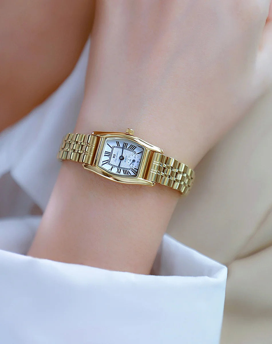 Women’s Vintage Rectangle Watch – Elegant Leather Strap, Golden Quartz 2025